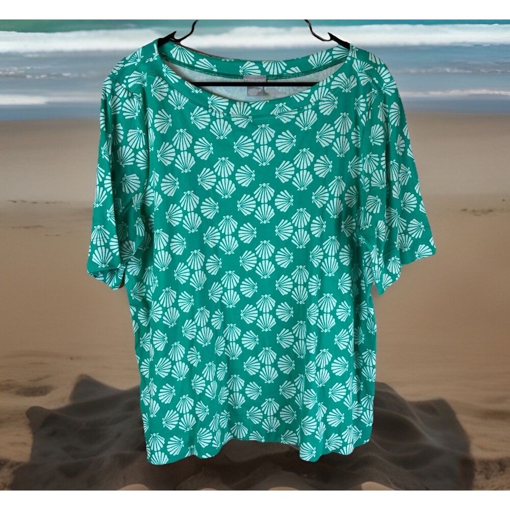 Chico’s Women’s Green Pima Cotton Seashell Design Summer Top Size 3 (XL)